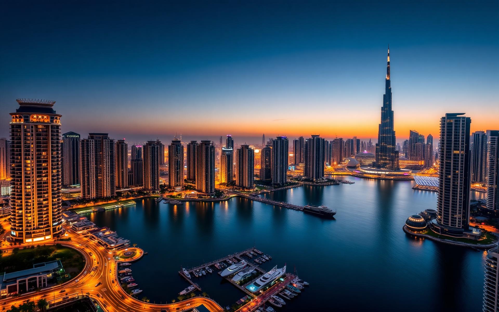 Dubai Downtown and Marina skyline at dusk — Golden Visa freehold zones