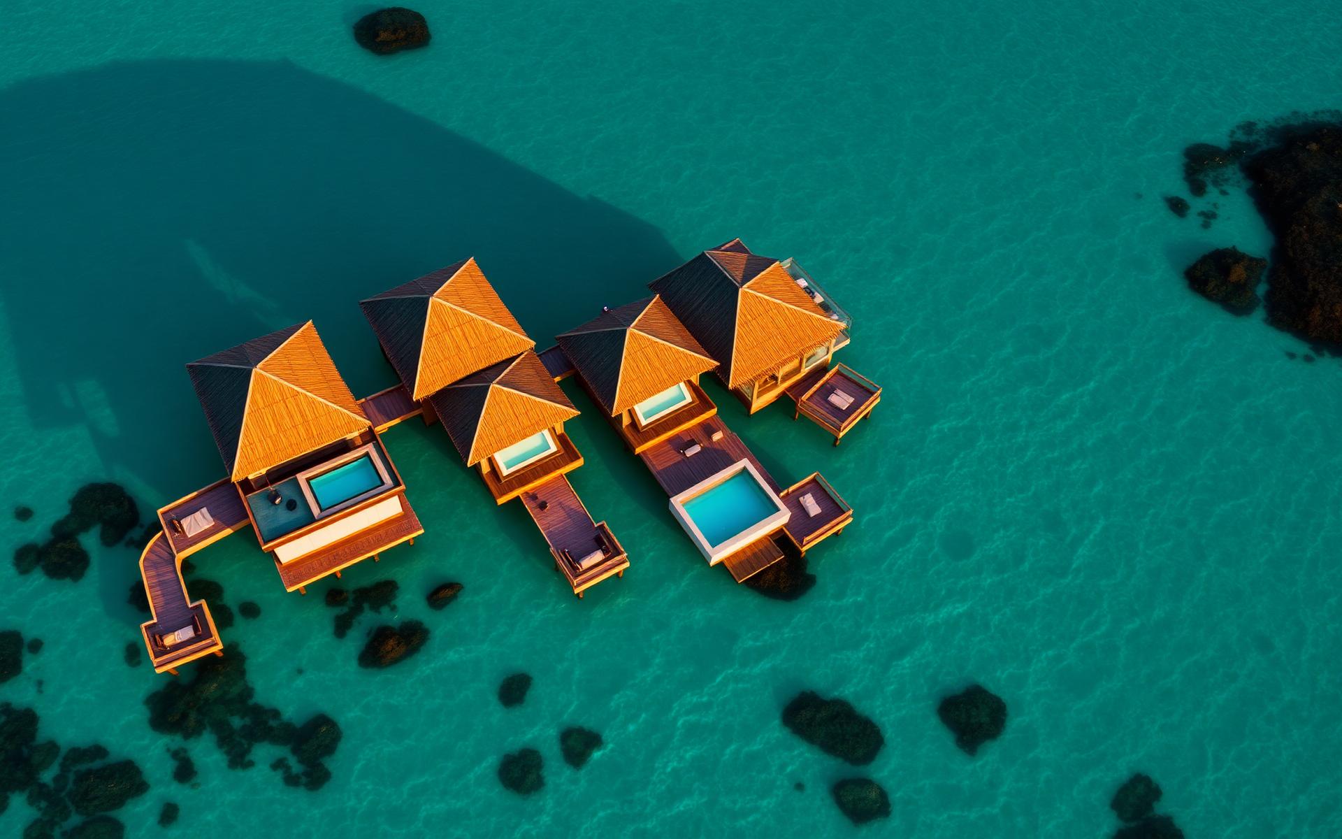 Maldives branded overwater residences at golden hour with turquoise lagoon and private plunge pools